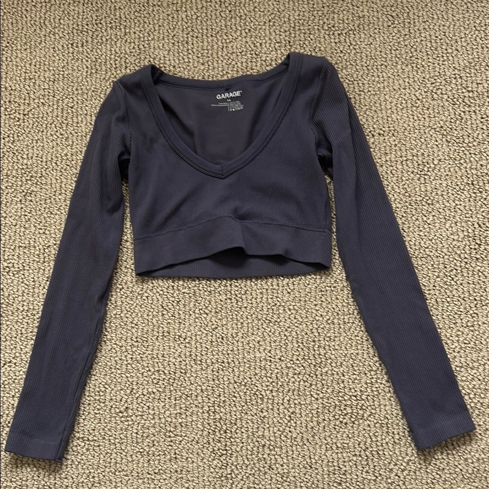 Garage Cropped Ribbed Soft V Neck Long Sleeve